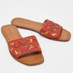 Pre Owned Bottega Veneta Orange Intrecciato Leather Flat Slides Size 39