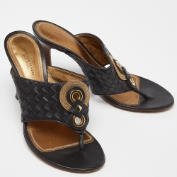 Pre Owned Bottega Veneta Black Woven Leather Embellished Thong Slide Sandals Size 39.5