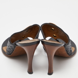 Pre Owned Bottega Veneta Black Woven Leather Embellished Thong Slide Sandals Size 39.5