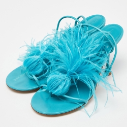 مملوكة مسبقًا Bottega Veneta Light Blue Leather and Feather Sot Sandals Size 40