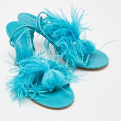 مملوكة مسبقًا Bottega Veneta Light Blue Leather and Feather Sot Sandals Size 40