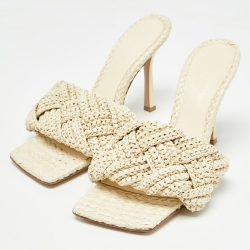 Pre Owned Bottega Veneta Cream Raffia Lido Slide Sandals Size 39.5