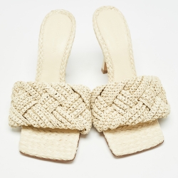 Pre Owned Bottega Veneta Cream Raffia Lido Slide Sandals Size 39.5