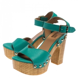 Pre Owned Moschino Green Leather Platform Ankle Strap Sandals Size 38