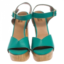 Pre Owned Moschino Green Leather Platform Ankle Strap Sandals Size 38