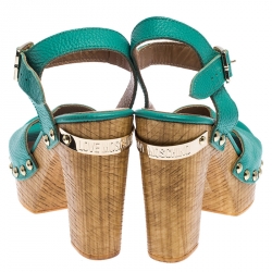 Pre Owned Moschino Green Leather Platform Ankle Strap Sandals Size 38
