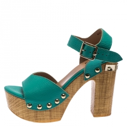 Pre Owned Moschino Green Leather Platform Ankle Strap Sandals Size 38