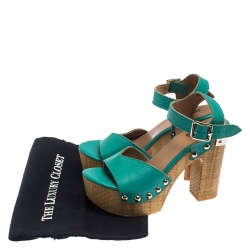 Pre Owned Moschino Green Leather Platform Ankle Strap Sandals Size 38