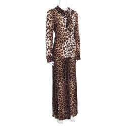 Pre Owned Boutique Moschino Brown Leopard Print Blouse and Maxi Skirt Set M/S