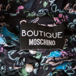 Boutique Moschino Black Abstract Floral Print Ruffle Detail Crinkled Silk Blouse S