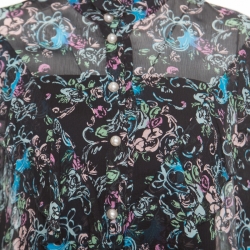 Boutique Moschino Black Abstract Floral Print Ruffle Detail Crinkled Silk Blouse S