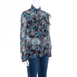 Boutique Moschino Black Abstract Floral Print Ruffle Detail Crinkled Silk Blouse S