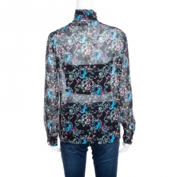 Boutique Moschino Black Abstract Floral Print Ruffle Detail Crinkled Silk Blouse S