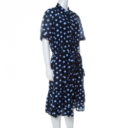Pre Owned Boutique Moschino Black and Blue Polka Dot Cotton Ruffle Trim Belted Dress L 