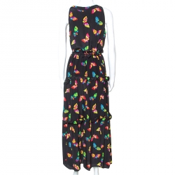Pre Owned Boutique Moschino Black Butterfly Printed Silk Dress L