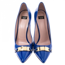 Pre Owned Boutique Moschino Blue Patent Leather Logo Plague Pointed Toe Pumps Size 41