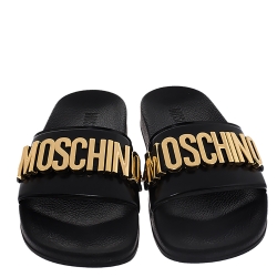Pre Owned Boutique Moschino Black PVC Logo Embellished Pool Slide Flats Size 36