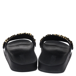 Pre Owned Boutique Moschino Black PVC Logo Embellished Pool Slide Flats Size 36