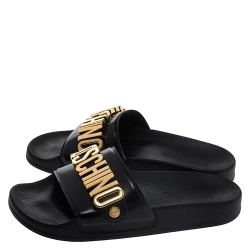 Pre Owned Boutique Moschino Black PVC Logo Embellished Pool Slide Flats Size 36