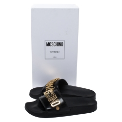 Pre Owned Boutique Moschino Black PVC Logo Embellished Pool Slide Flats Size 36