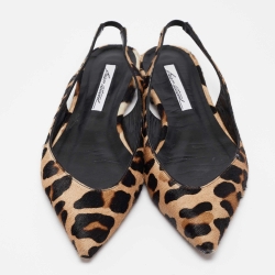 Brian Atwood Beige/Black Pony Hair Slingback Flat Sandals Size 38.5