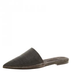 Brunello Cucinelli Grey Suede Monile Pointed Toe Slip On Mules Size 38