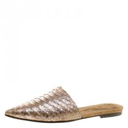 Brunello Cucinelli Beige Metallic Python Lamin Pointed Toe Slip On Mules Size 38.5 
