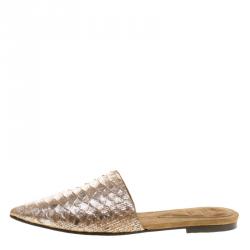 Brunello Cucinelli Beige Metallic Python Lamin Pointed Toe Slip On Mules Size 38.5 
