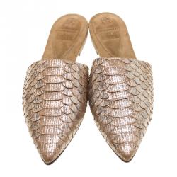 Brunello Cucinelli Beige Metallic Python Lamin Pointed Toe Slip On Mules Size 38.5 