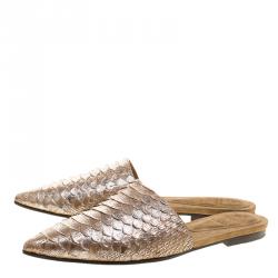 Brunello Cucinelli Beige Metallic Python Lamin Pointed Toe Slip On Mules Size 38.5 