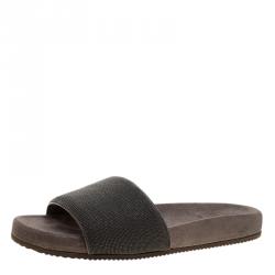 Brunello Cucinelli Metallic Grey Embellished Leather Monili Flat Slides Size 40.5