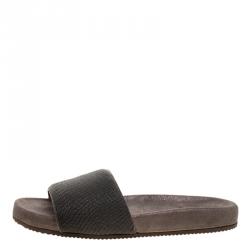 Brunello Cucinelli Metallic Grey Embellished Leather Monili Flat Slides Size 40.5
