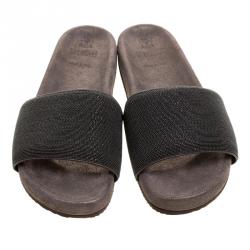 Brunello Cucinelli Metallic Grey Embellished Leather Monili Flat Slides Size 40.5