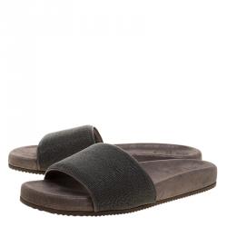 Brunello Cucinelli Metallic Grey Embellished Leather Monili Flat Slides Size 40.5