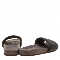 Brunello Cucinelli Metallic Grey Embellished Leather Monili Flat Slides Size 40.5