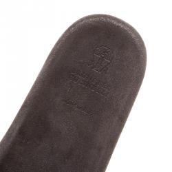 Brunello Cucinelli Metallic Grey Embellished Leather Monili Flat Slides Size 40.5