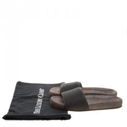 Brunello Cucinelli Metallic Grey Embellished Leather Monili Flat Slides Size 40.5