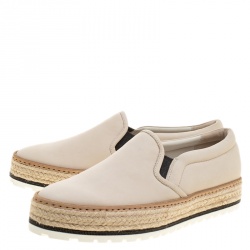 Pre Owned Brunello Cucinelli Beige Leather Espadrille Slip On Sneakers Size 40