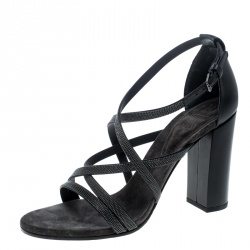 Brunello Cucinelli Metallic Grey Embellished Cross Strap Block Heel Sandals Size 39