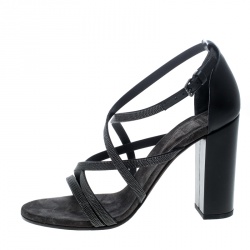 Brunello Cucinelli Metallic Grey Embellished Cross Strap Block Heel Sandals Size 39