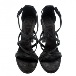 Brunello Cucinelli Metallic Grey Embellished Cross Strap Block Heel Sandals Size 39