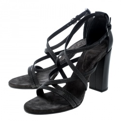 Brunello Cucinelli Metallic Grey Embellished Cross Strap Block Heel Sandals Size 39