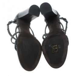 Brunello Cucinelli Metallic Grey Embellished Cross Strap Block Heel Sandals Size 39