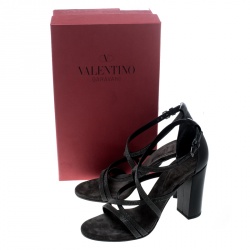 Brunello Cucinelli Metallic Grey Embellished Cross Strap Block Heel Sandals Size 39