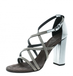 Brunello Cucinelli Metallic Silver Leather Embellished Cross Strap Block Heel Sandals Size 40