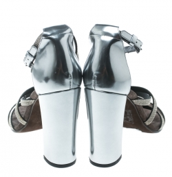 Brunello Cucinelli Metallic Silver Leather Embellished Cross Strap Block Heel Sandals Size 40