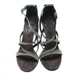 Brunello Cucinelli Metallic Silver Leather Embellished Cross Strap Block Heel Sandals Size 40
