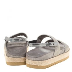 Brunello Cucinelli Metallic Silver Beaded Strap Espadrille Flat Sandals Size 39