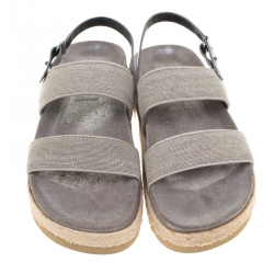 Brunello Cucinelli Metallic Silver Beaded Strap Espadrille Flat Sandals Size 39