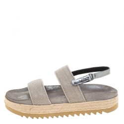 Brunello Cucinelli Metallic Silver Beaded Strap Espadrille Flat Sandals Size 39